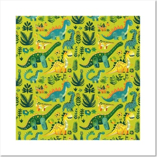 Delightful Dinosaurs in Enchanted Garden Pattern Posters and Art